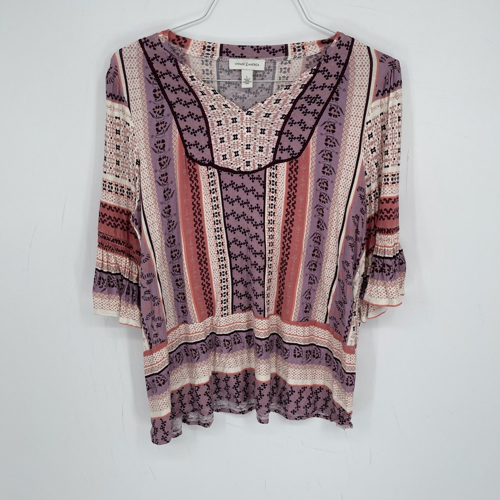 Vintage America Women's Pink Boho Mixed Print Bell Sleeve Peasant Blouse Size L